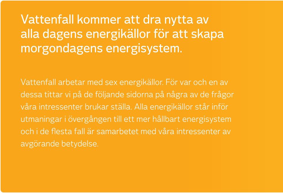 För var och en av dessa tittar vi på de följande sidorna på några av de frågor våra intressenter brukar