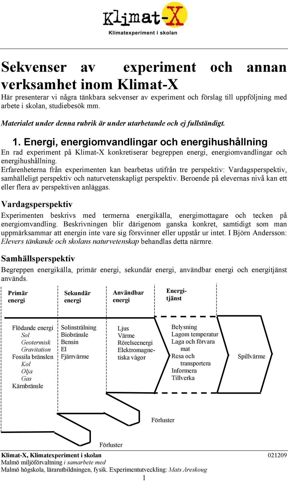 Erfarenheterna från experimenten kan bearbetas utifrån tre perspektiv: Vardagsperspektiv, samhälleligt perspektiv och naturvetenskapligt perspektiv.