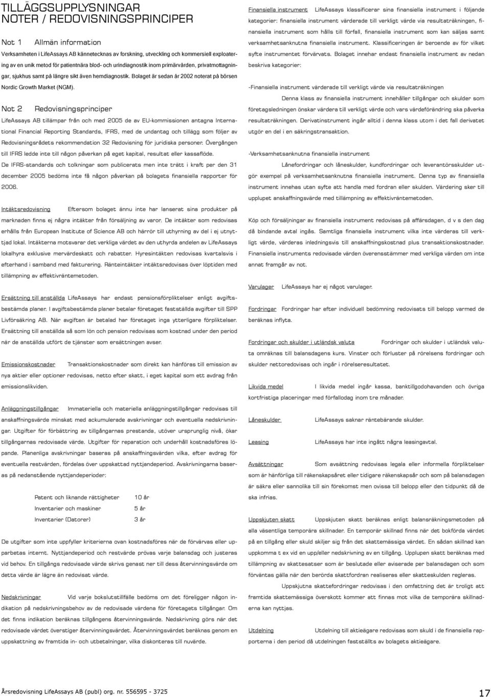 Not 2 Redovisningsprinciper LifeAssays AB tillämpar från och med 2005 de av EU-kommissionen antagna International Financial Reporting Standards, IFRS, med de undantag och tillägg som följer av