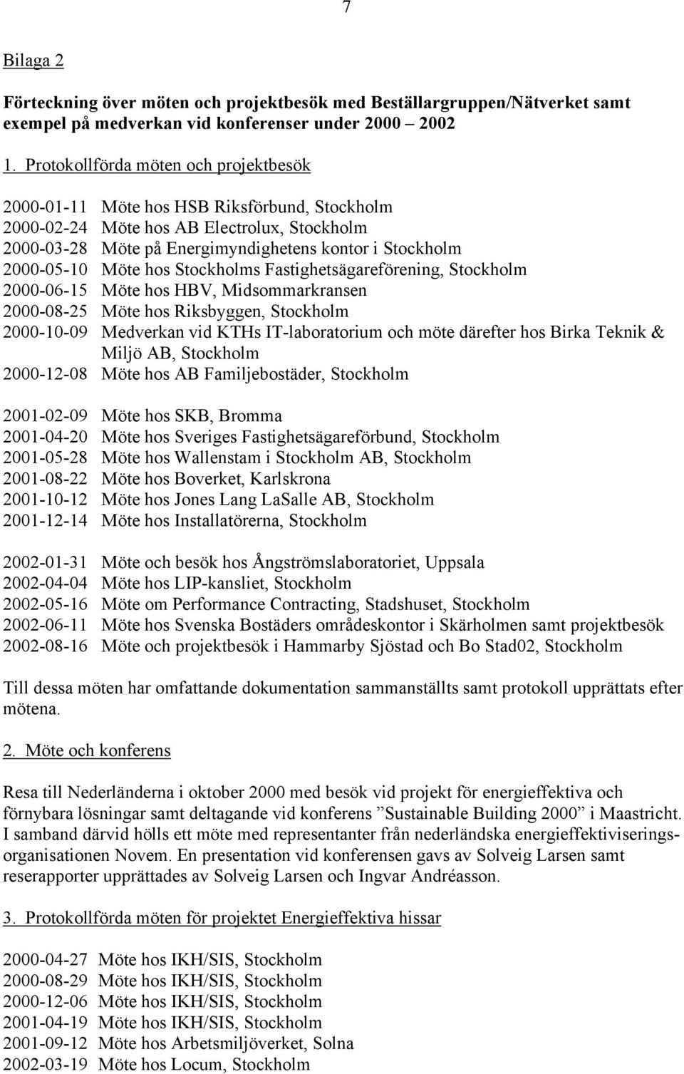 Möte hos Stockholms Fastighetsägareförening, Stockholm 2000-06-15 Möte hos HBV, Midsommarkransen 2000-08-25 Möte hos Riksbyggen, Stockholm 2000-10-09 Medverkan vid KTHs IT-laboratorium och möte