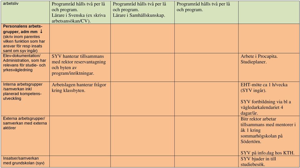 Programråd hålls två per lå och program. Arbete i Procapita. Studieplaner.