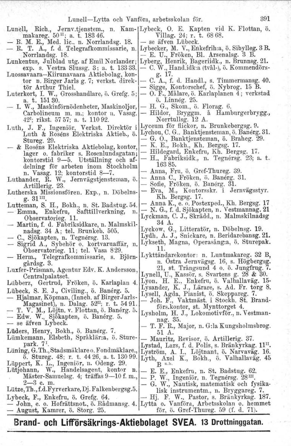 af Emil Norlander; Lyberg, Henrik, Bageriidk., n. Brunnsg. 21. expo s. Vestra Slussg. 3: a. t. 13333. - C. W., Hand.idk:a (tvål-i, ö. Kommendörs- Luossavaara-Kiirunavaara Aktiebolag, kon- g. 17.