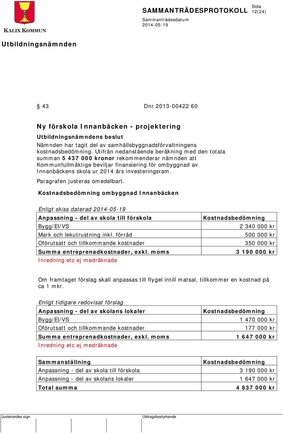 Paragrafen justeras omedelbart. Kostnadsbedömning ombyggnad Innanbäcken Enligt skiss daterad Anpassning - del av skola till förskola Bygg/El/VS Mark och lekutrustning inkl.