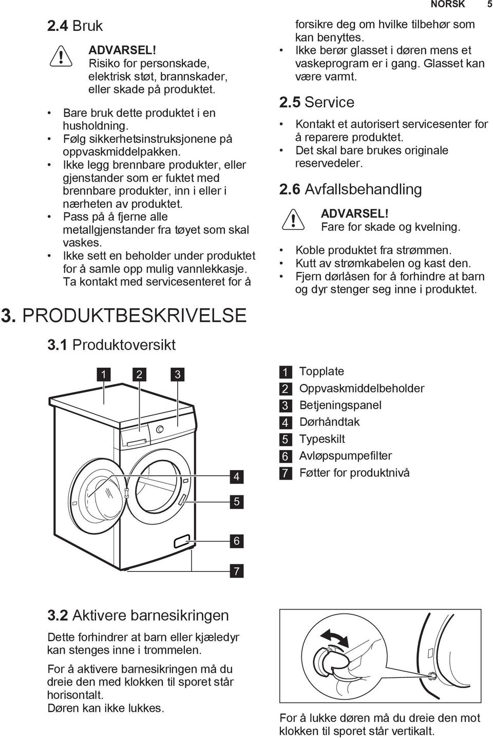 Ikke sett en beholder under produktet for å samle opp mulig vannlekkasje. Ta kontakt med servicesenteret for å 3. PRODUKTBESKRIVELSE 3.