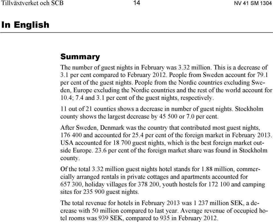 4; 7.4 and 3.1 per cent of the guest nights, respectively. 11 out of 21 counties shows a decrease in number of guest nights. Stockholm county shows the largest decrease by 45 500 or 7.0 per cent.