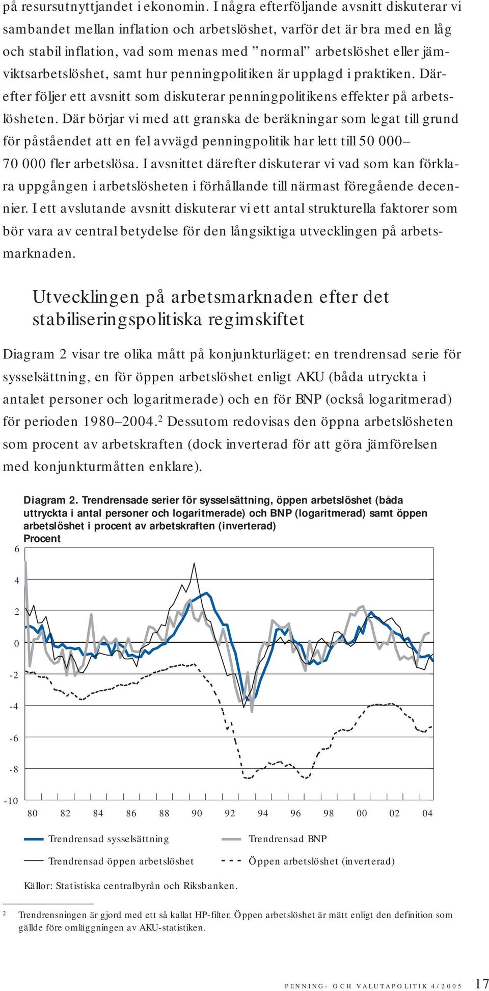 jämviktsarbetslöshet, samt hur penningpolitiken är upplagd i praktiken. Därefter följer ett avsnitt som diskuterar penningpolitikens effekter på arbetslösheten.