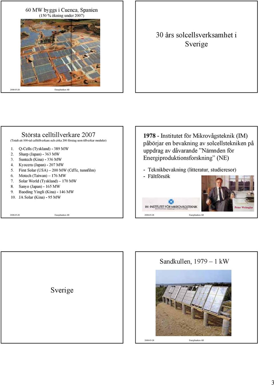 Motech (Taiwan) 176 MW 7. Solar World (Tyskland) 170 MW 8. Sanyo (Japan) - 165 MW 9. Baoding Yingli (Kina) - 146 MW 10.