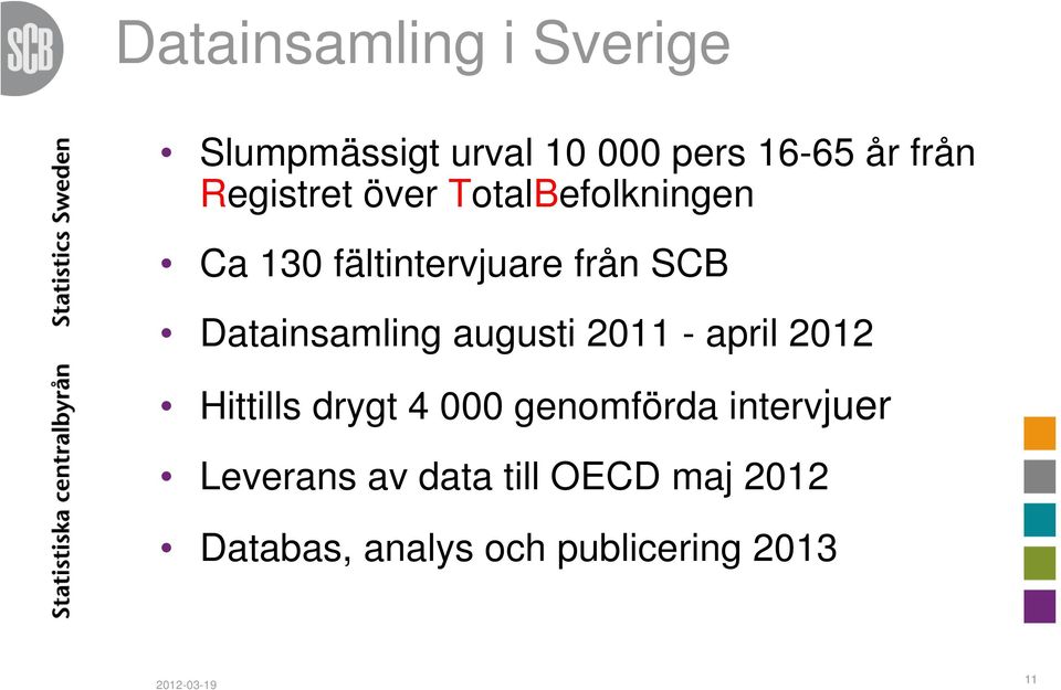 Datainsamling augusti 2011 - april 2012 Hittills drygt 4 000 genomförda