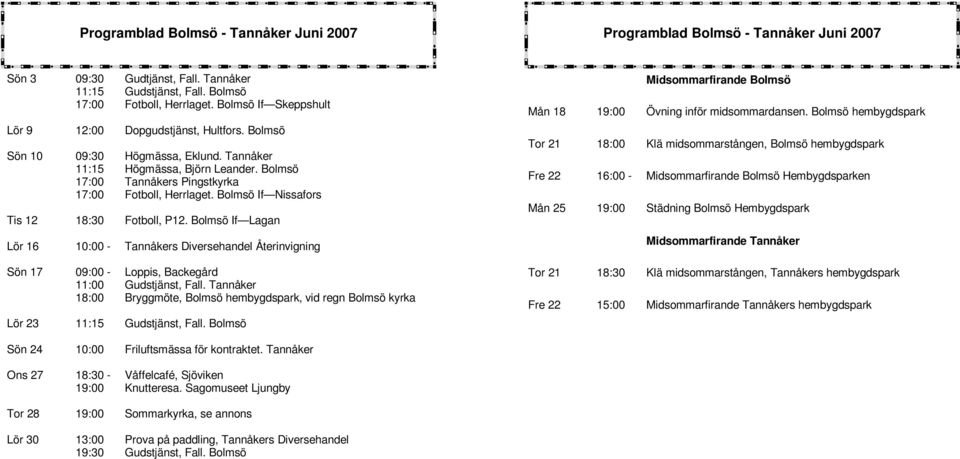 Bolmsö Högmässa, Eklund. Tannåker Högmässa, Björn Leander. Bolmsö Tannåkers Pingstkyrka Fotboll, Herrlaget. Bolmsö If Nissafors Fotboll, P12.