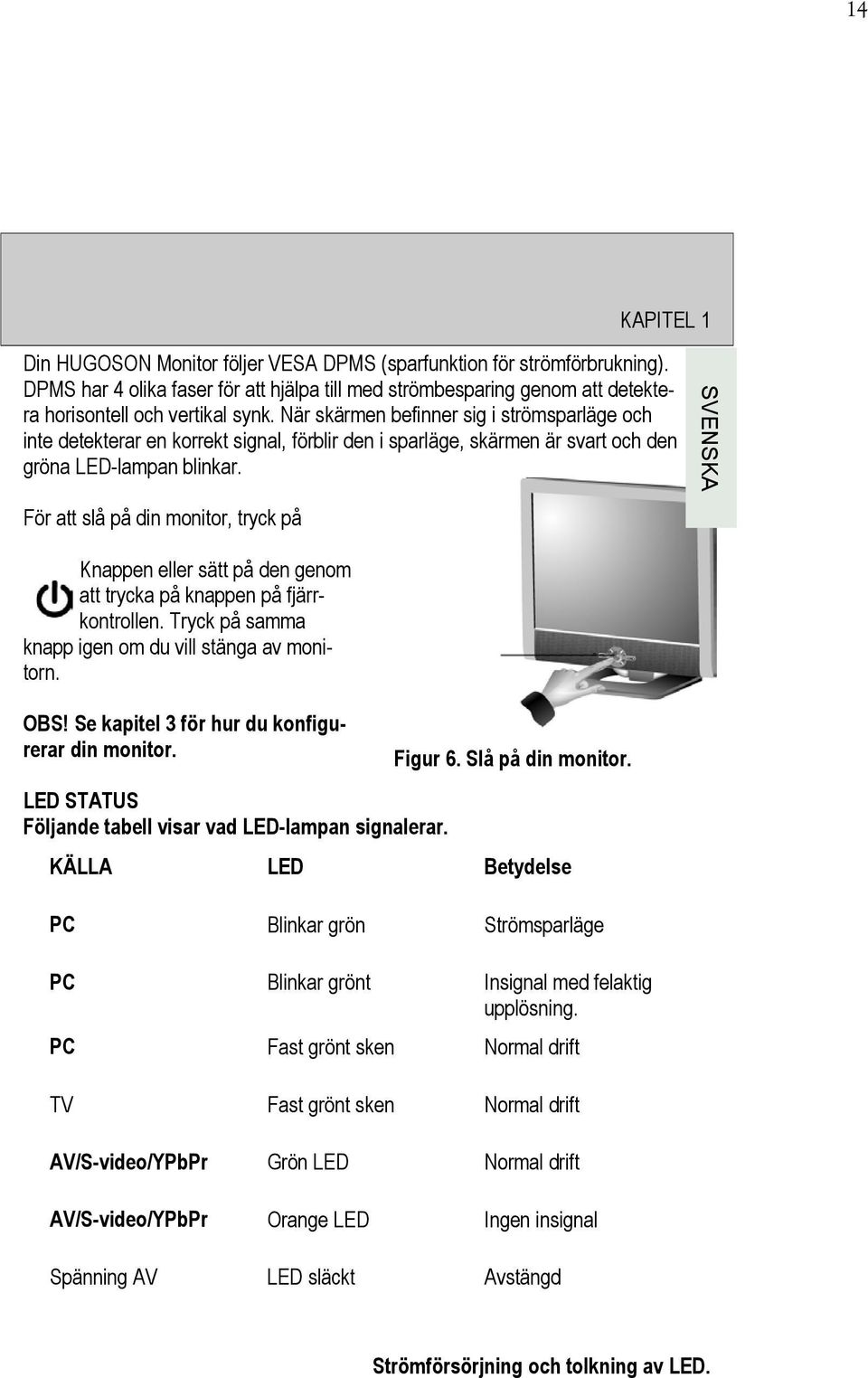 För att slå på din monitor, tryck på Knappen eller sätt på den genom att trycka på knappen på fjärrkontrollen. Tryck på samma knapp igen om du vill stänga av monitorn. OBS!