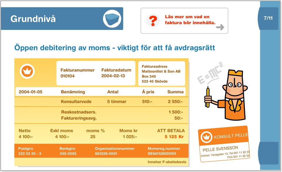 523 45 Skövde 2004-01-05 Benämning Antal Á pris Summa Konsultarvode 5 timmar 510:- 2 550:- Reskostnadsers. 1 500:- Faktureringsavg.