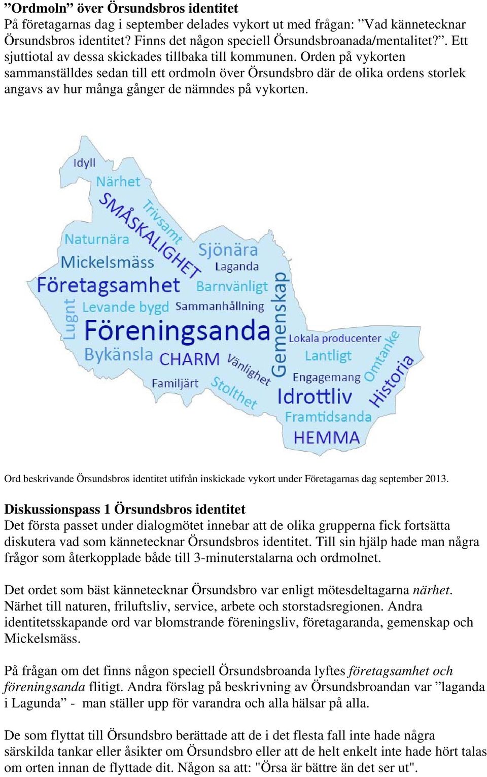 Orden på vykorten sammanställdes sedan till ett ordmoln över Örsundsbro där de olika ordens storlek angavs av hur många gånger de nämndes på vykorten.