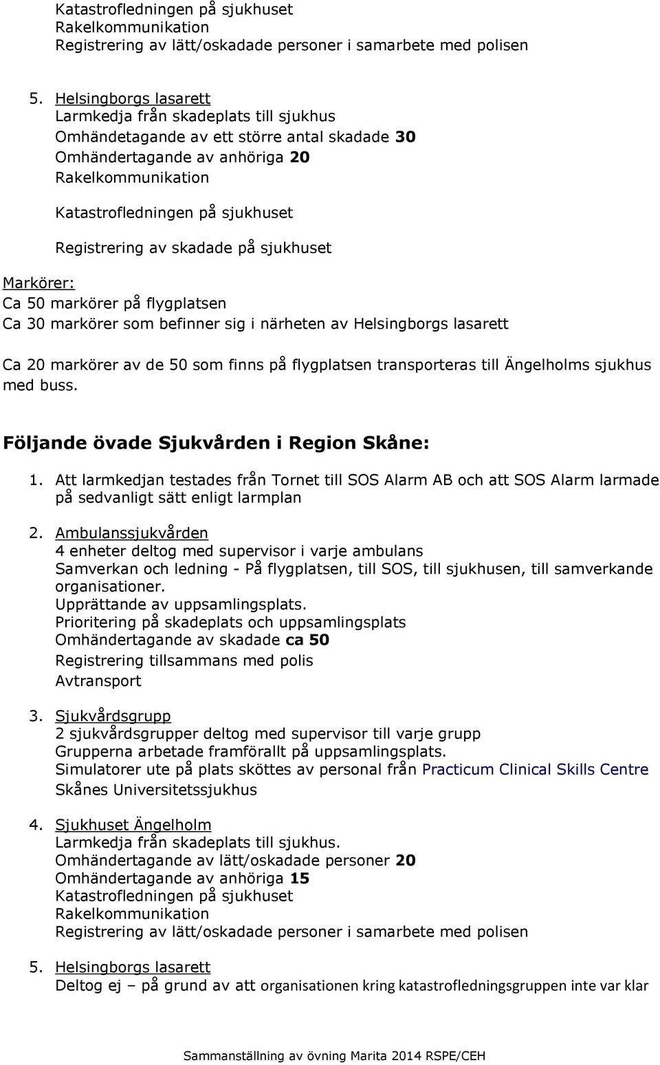 Registrering av skadade på sjukhuset Markörer: Ca 50 markörer på flygplatsen Ca 30 markörer som befinner sig i närheten av Helsingborgs lasarett Ca 20 markörer av de 50 som finns på flygplatsen