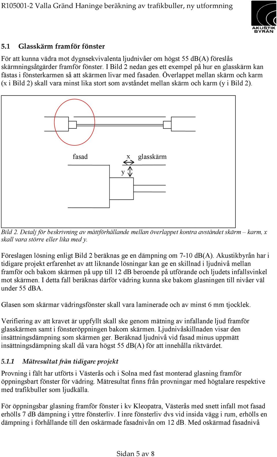 Överlappet mellan skärm och karm (x i Bild 2) skall vara minst lika stort som avståndet mellan skärm och karm (y i Bild 2). fasad x glasskärm y Bild 2.