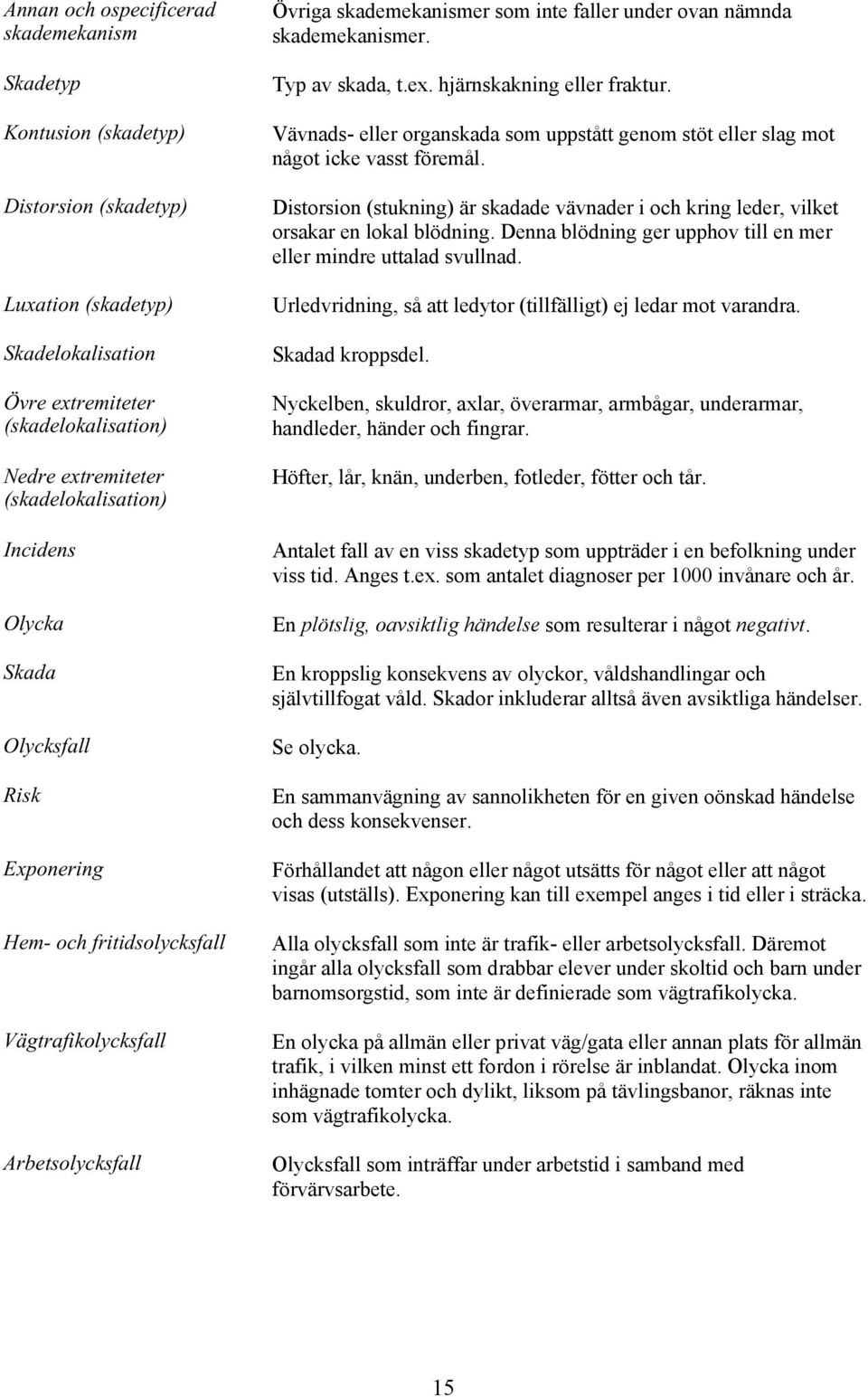 skademekanismer. Typ av skada, t.ex. hjärnskakning eller fraktur. Vävnads- eller organskada som uppstått genom stöt eller slag mot något icke vasst föremål.