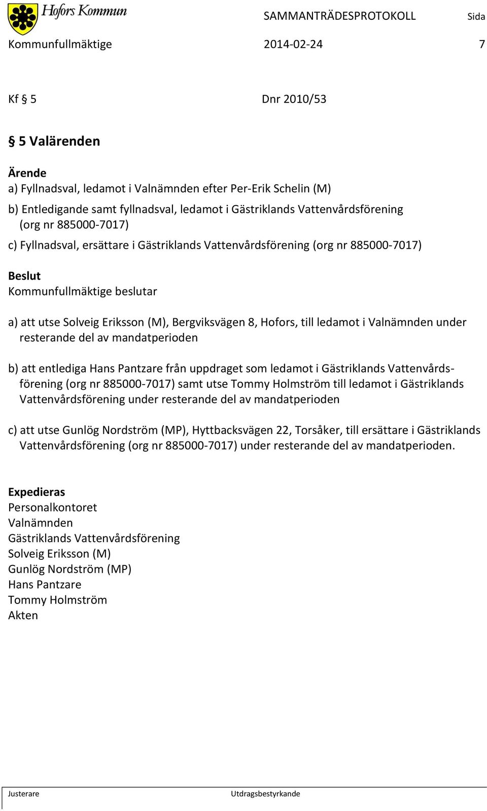 8, Hofors, till ledamot i Valnämnden under resterande del av mandatperioden b) att entlediga Hans Pantzare från uppdraget som ledamot i Gästriklands Vattenvårdsförening (org nr 885000-7017) samt utse