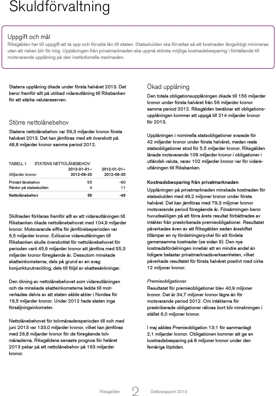 Statens upplåning ökade under första halvåret 2013. Det beror framför allt på utökad vidareutlåning till Riksbanken för att stärka valutareserven.