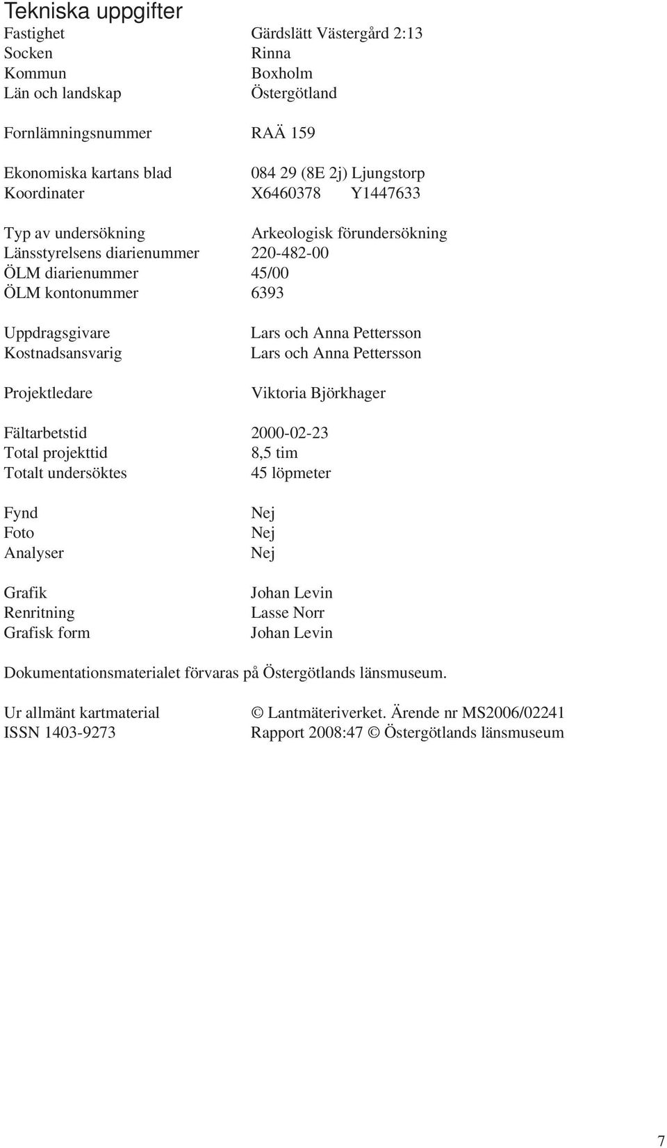 Projektledare Lars och Anna Pettersson Lars och Anna Pettersson Viktoria Björkhager Fältarbetstid 2000-02-23 Total projekttid 8,5 tim Totalt undersöktes 45 löpmeter Fynd Foto Analyser Grafik
