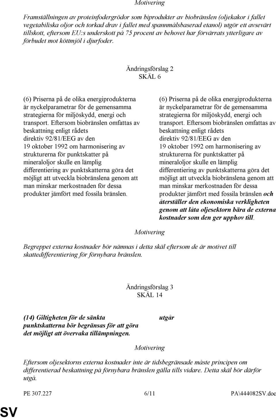 Ändringsförslag 2 SKÄL 6 (6) Priserna på de olika energiprodukterna är nyckelparametrar för de gemensamma strategierna för miljöskydd, energi och transport.