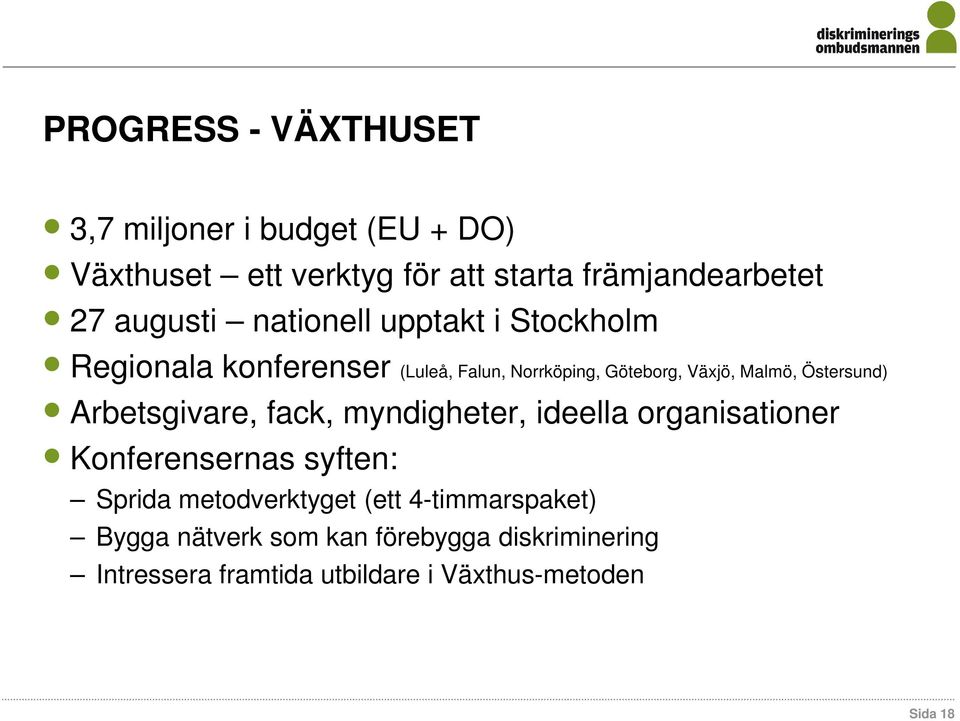 Östersund) Arbetsgivare, fack, myndigheter, ideella organisationer Konferensernas syften: Sprida metodverktyget