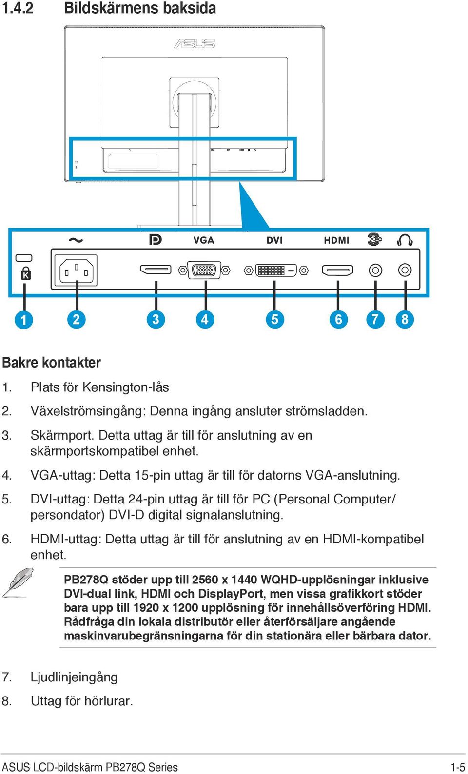 DVI-uttag: Detta 24-pin uttag är till för PC (Personal Computer/ persondator) DVI-D digital signalanslutning. 6. HDMI-uttag: Detta uttag är till för anslutning av en HDMI-kompatibel enhet.