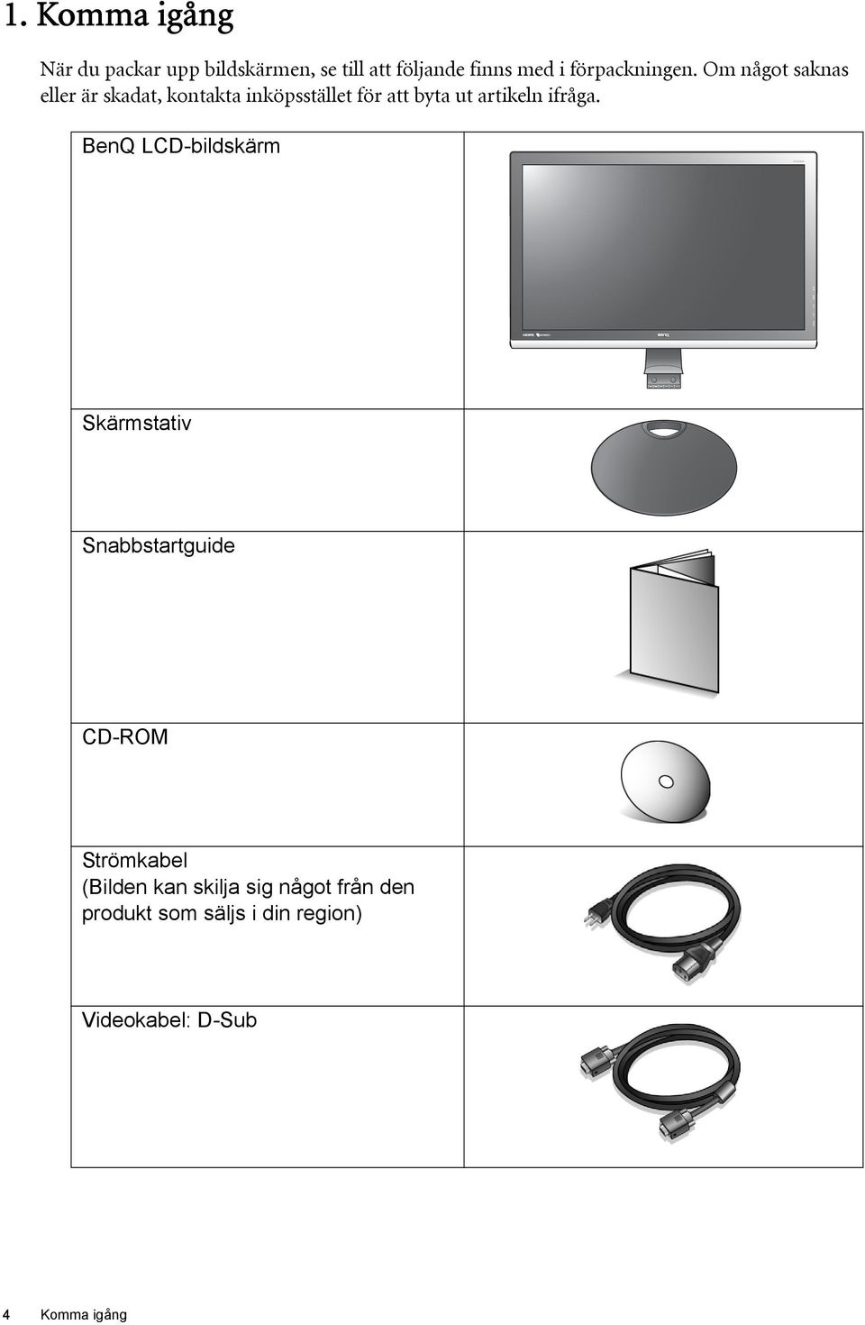 Om något saknas eller är skadat, kontakta inköpsstället för att byta ut artikeln ifråga.