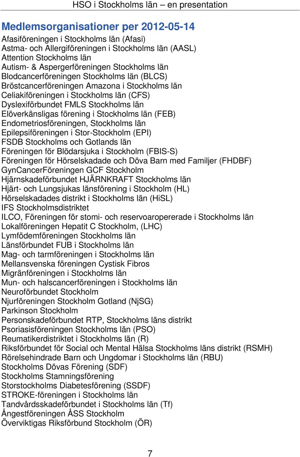 Stockholms län Elöverkänsligas förening i Stockholms län (FEB) Endometriosföreningen, Stockholms län Epilepsiföreningen i Stor-Stockholm (EPI) FSDB Stockholms och Gotlands län Föreningen för