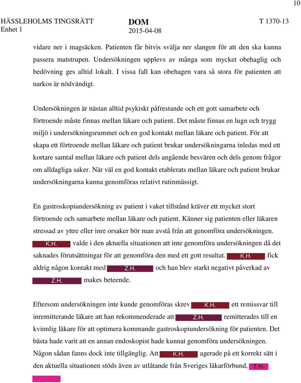 Undersökningen är nästan alltid psykiskt påfrestande och ett gott samarbete och förtroende måste finnas mellan läkare och patient.