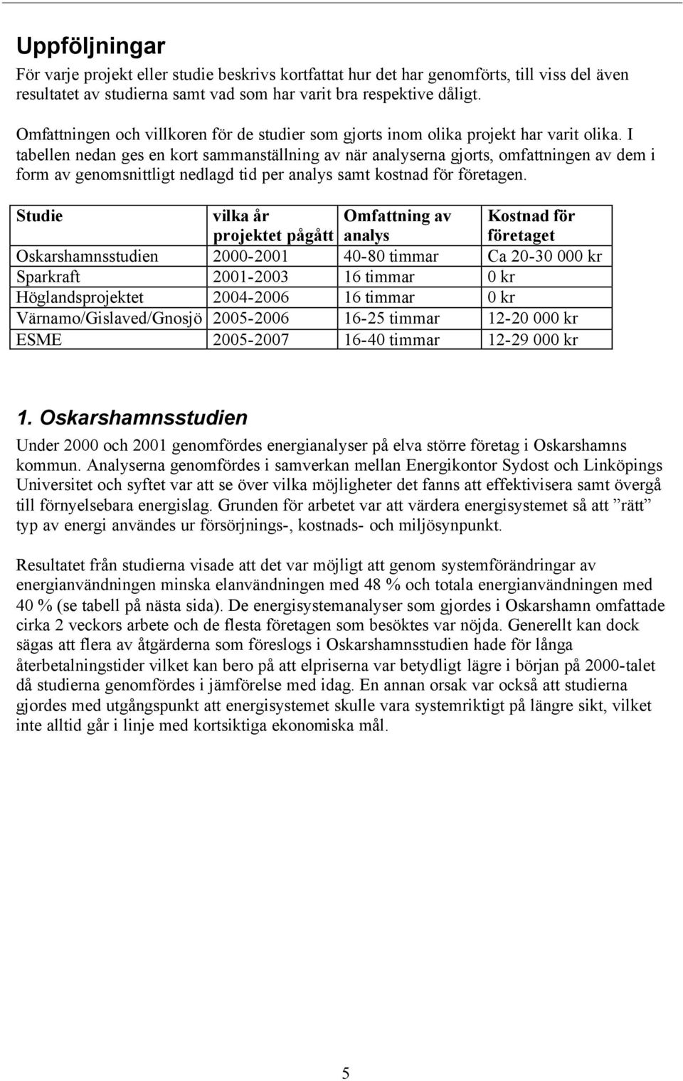 I tabellen nedan ges en kort sammanställning av när analyserna gjorts, omfattningen av dem i form av genomsnittligt nedlagd tid per analys samt kostnad för företagen.