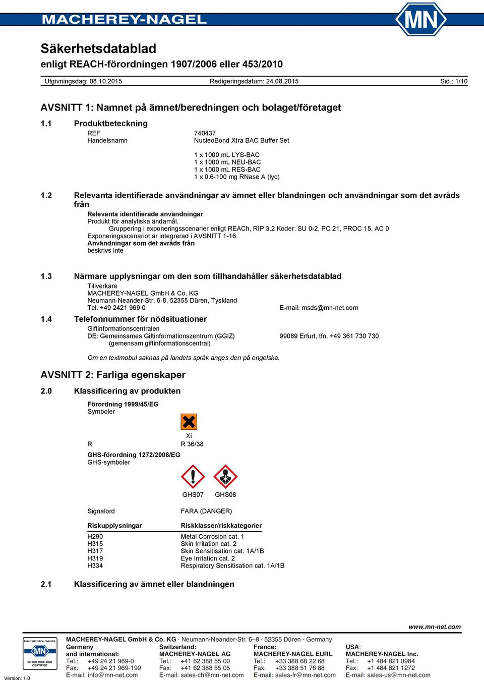 Gruppering i exponeringsscenarier enligt REACh, RIP 3.2 Koder: SU 02, PC 21, PROC 15, AC 0 Exponeringsscenariot är integrerad i AVSNITT 116. Användningar som det avråds från beskrivs inte 1.