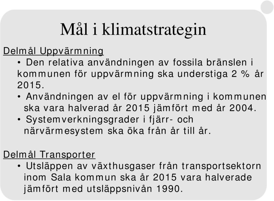 Användningen av el för uppvärmning i kommunen ska vara halverad år 2015 jämfört med år 2004.