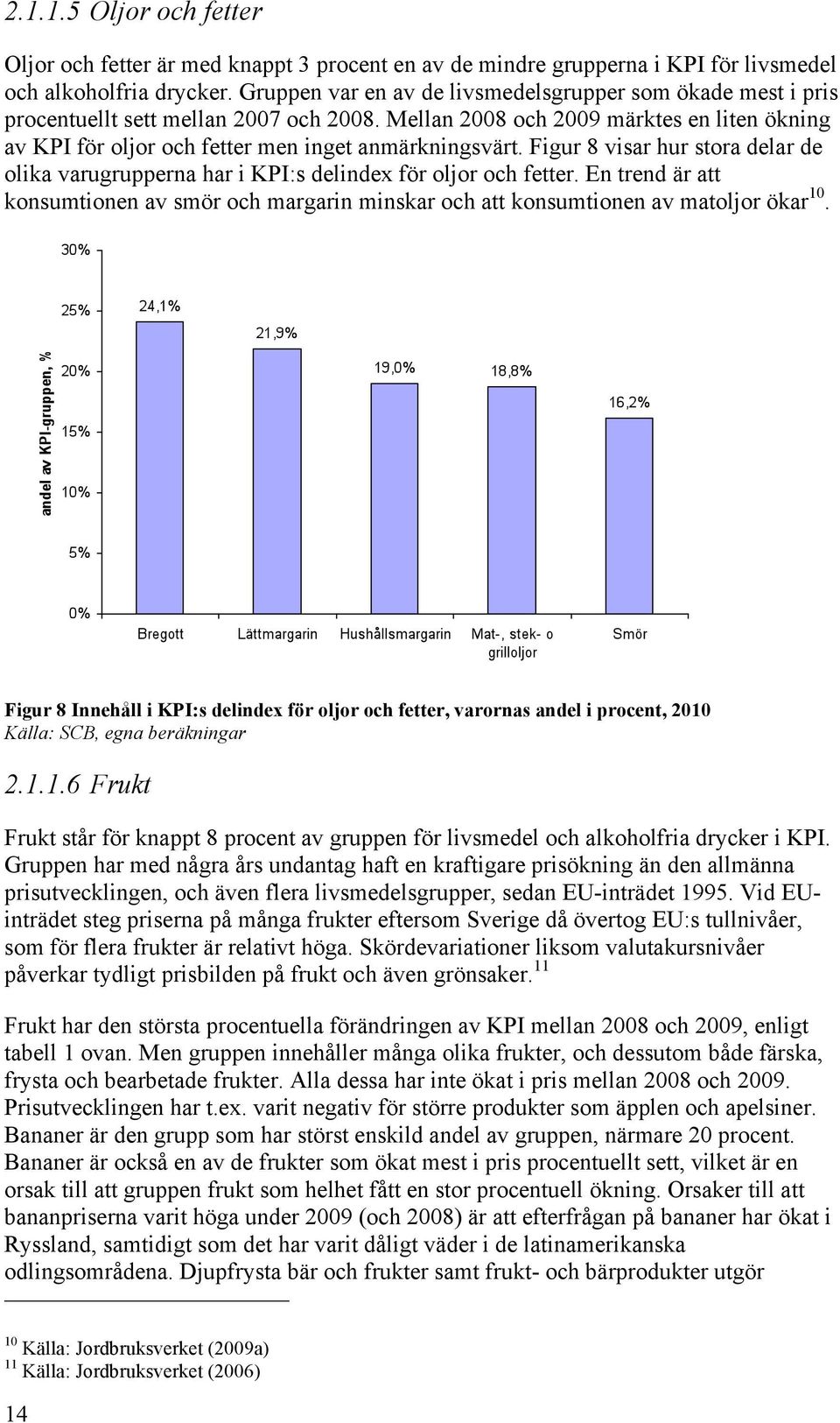 Figur 8 visar hur stora delar de olika varugrupperna har i KPI:s delindex för oljor och fetter. En trend är att konsumtionen av smör och margarin minskar och att konsumtionen av matoljor ökar 10.