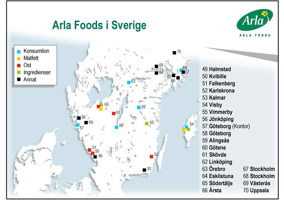 Visby 55 Vimmerby 56 Jönköping 57 Göteborg (Kontor) 58 Göteborg 59 Alingsås 60 Götene 61 Skövde 62