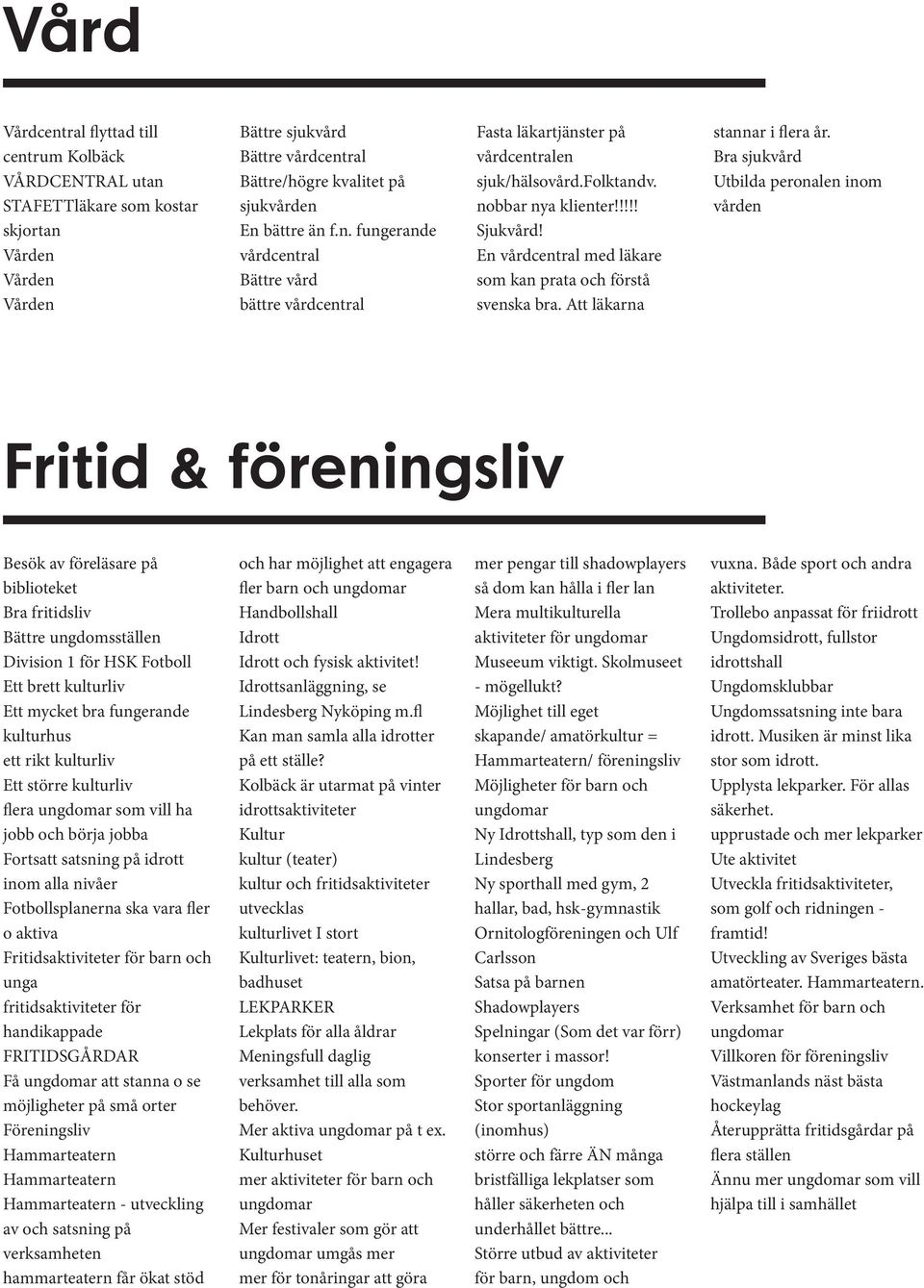 Bra sjukvård Utbilda peronalen inom vården Fritid & föreningsliv Besök av föreläsare på biblioteket Bra fritidsliv Bättre ungdomsställen Division 1 för HSK Fotboll Ett brett kulturliv Ett mycket bra