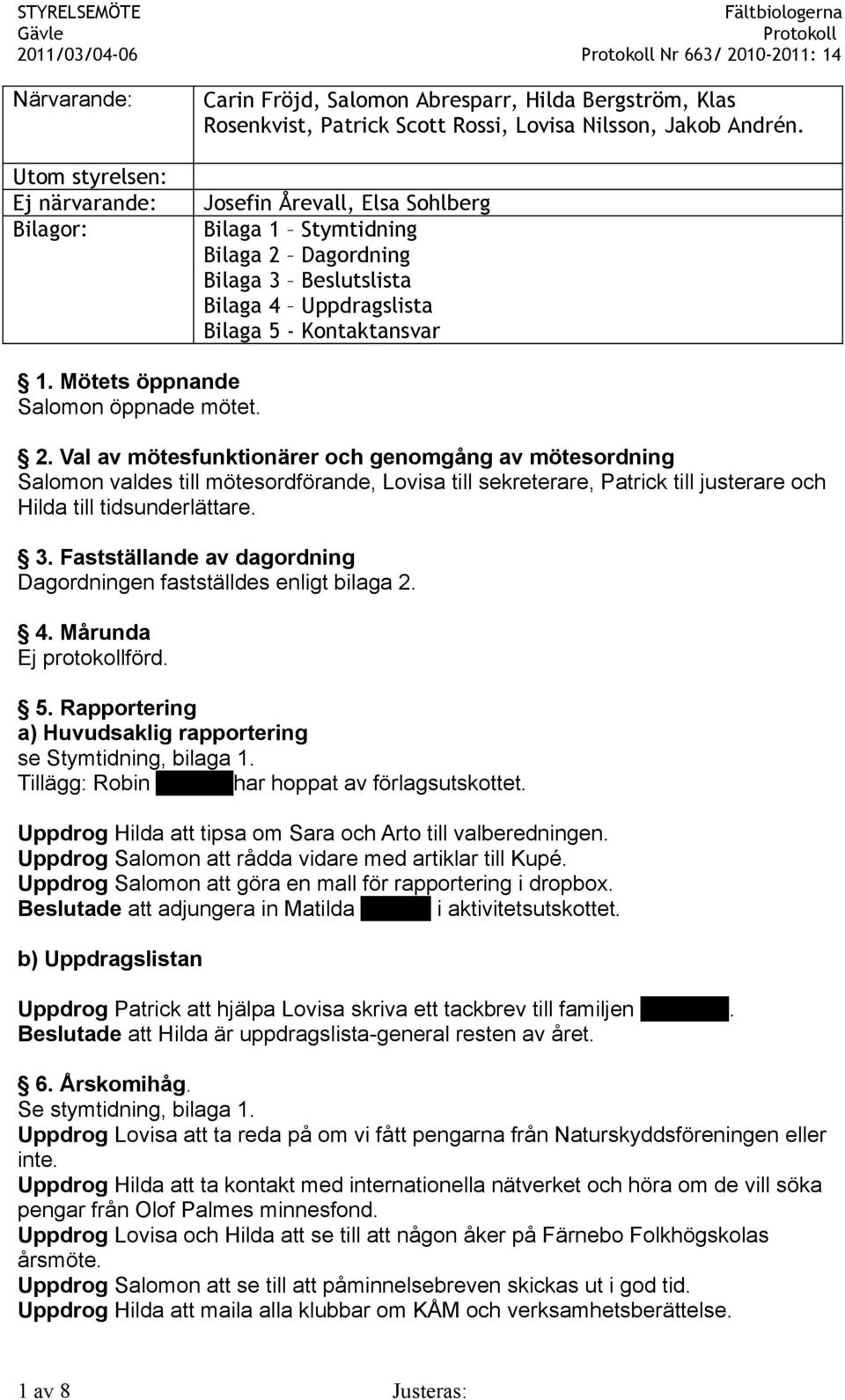 Dagordning Bilaga 3 Beslutslista Bilaga 4 Uppdragslista Bilaga 5 - Kontaktansvar 1. Mötets öppnande Salomon öppnade mötet. 2.