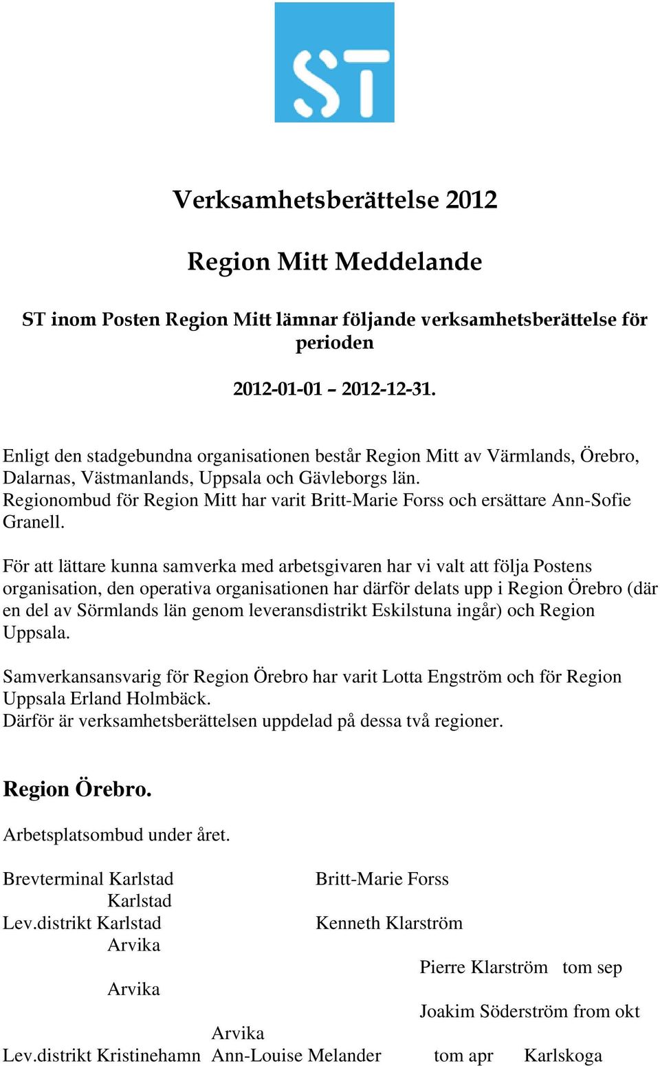 Regionombud för Region Mitt har varit Britt-Marie Forss och ersättare Ann-Sofie Granell.