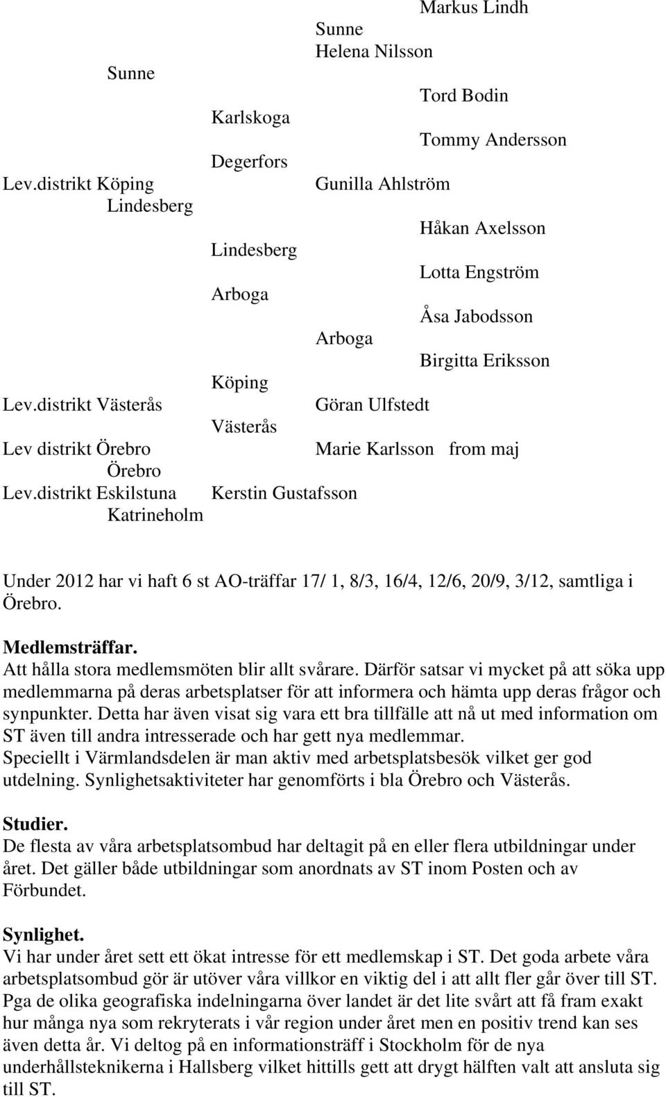 Andersson Håkan Axelsson Lotta Engström Åsa Jabodsson Birgitta Eriksson Marie Karlsson from maj Under 2012 har vi haft 6 st AO-träffar 17/ 1, 8/3, 16/4, 12/6, 20/9, 3/12, samtliga i Örebro.