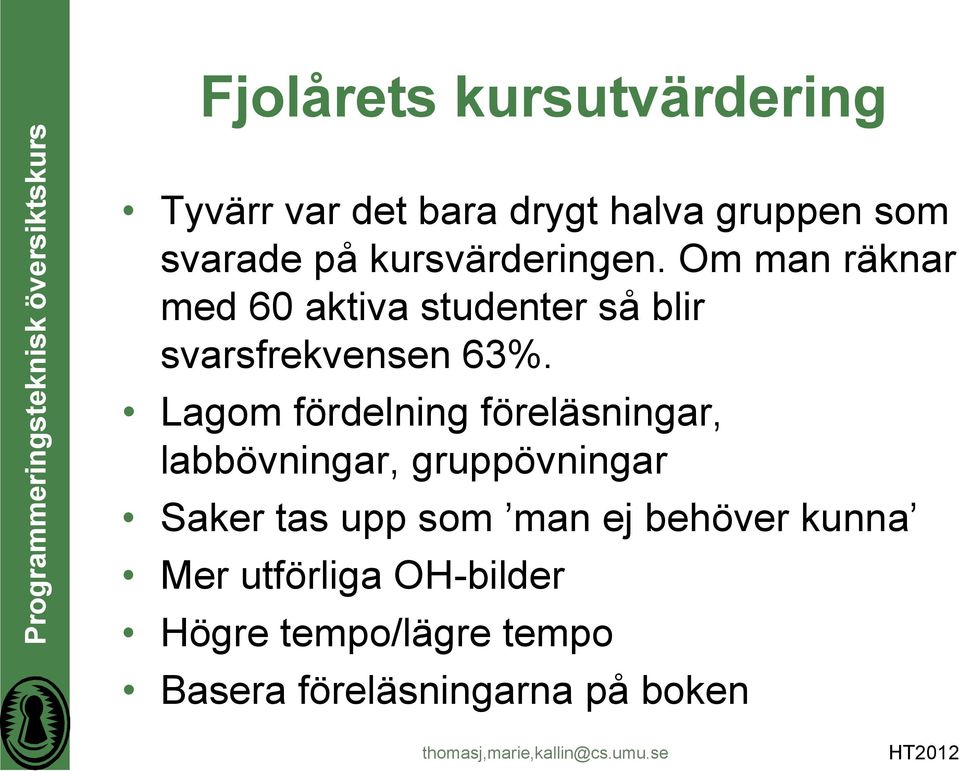 Lagom fördelning föreläsningar, labbövningar, gruppövningar Saker tas upp som man ej