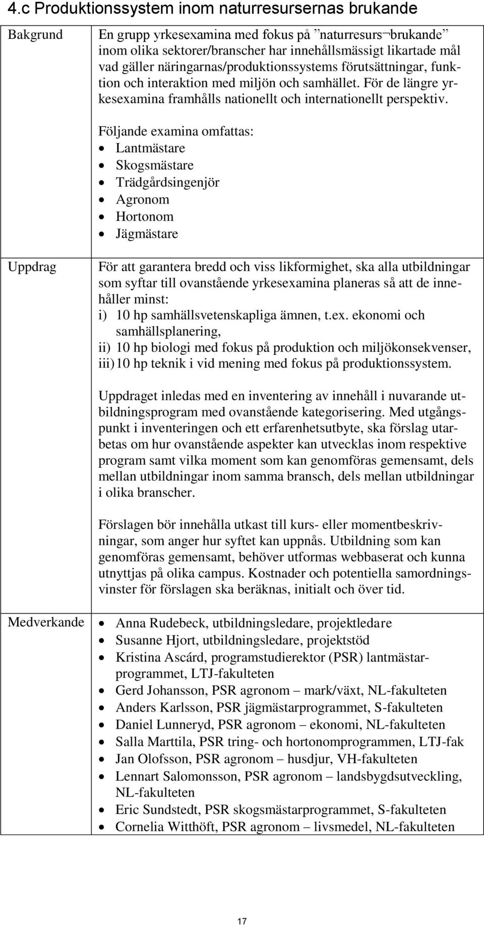 Följande examina omfattas: Lantmästare Skogsmästare Trädgårdsingenjör Agronom Hortonom Jägmästare För att garantera bredd och viss likformighet, ska alla utbildningar som syftar till ovanstående