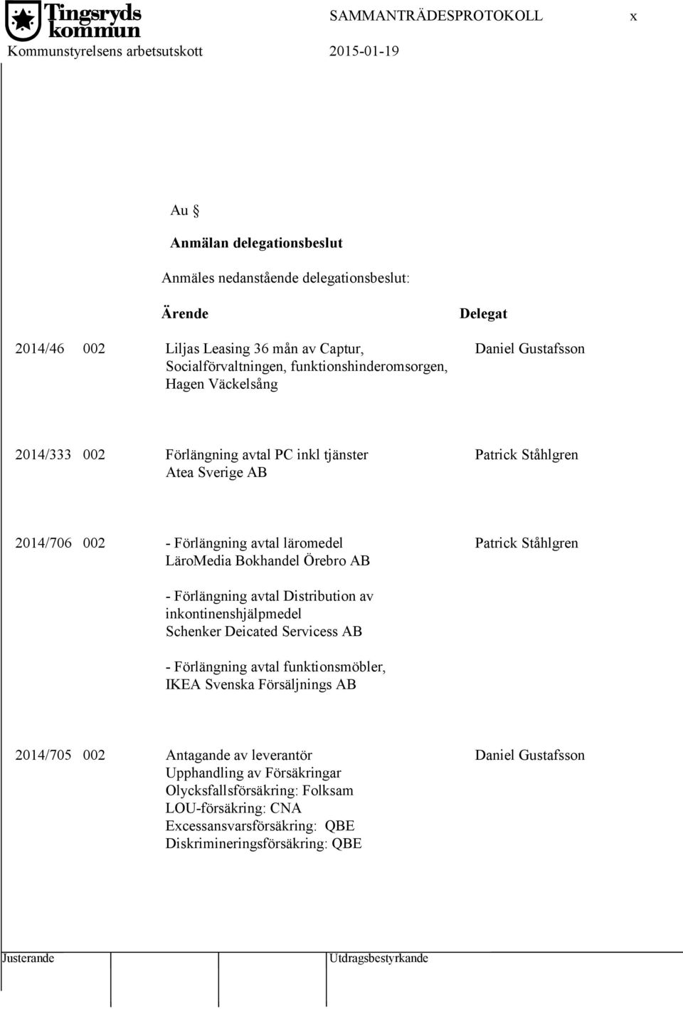 avtal läromedel LäroMedia Bokhandel Örebro AB Patrick Ståhlgren - Förlängning avtal Distribution av inkontinenshjälpmedel Schenker Deicated Servicess AB - Förlängning avtal funktionsmöbler, IKEA