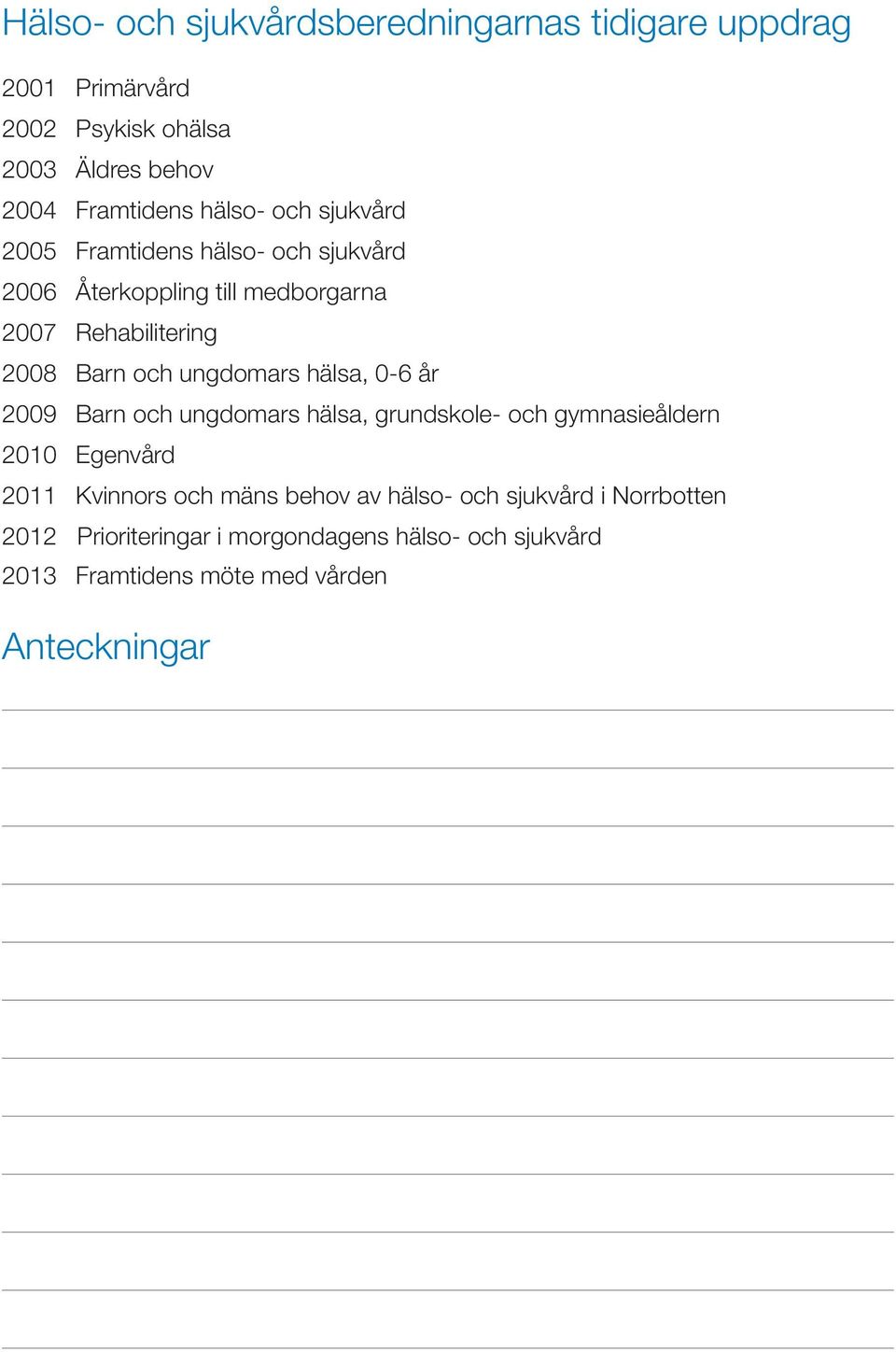 ungdomars hälsa, 0-6 år 2009 Barn och ungdomars hälsa, grundskole- och gymnasieåldern 2010 Egenvård 2011 Kvinnors och mäns