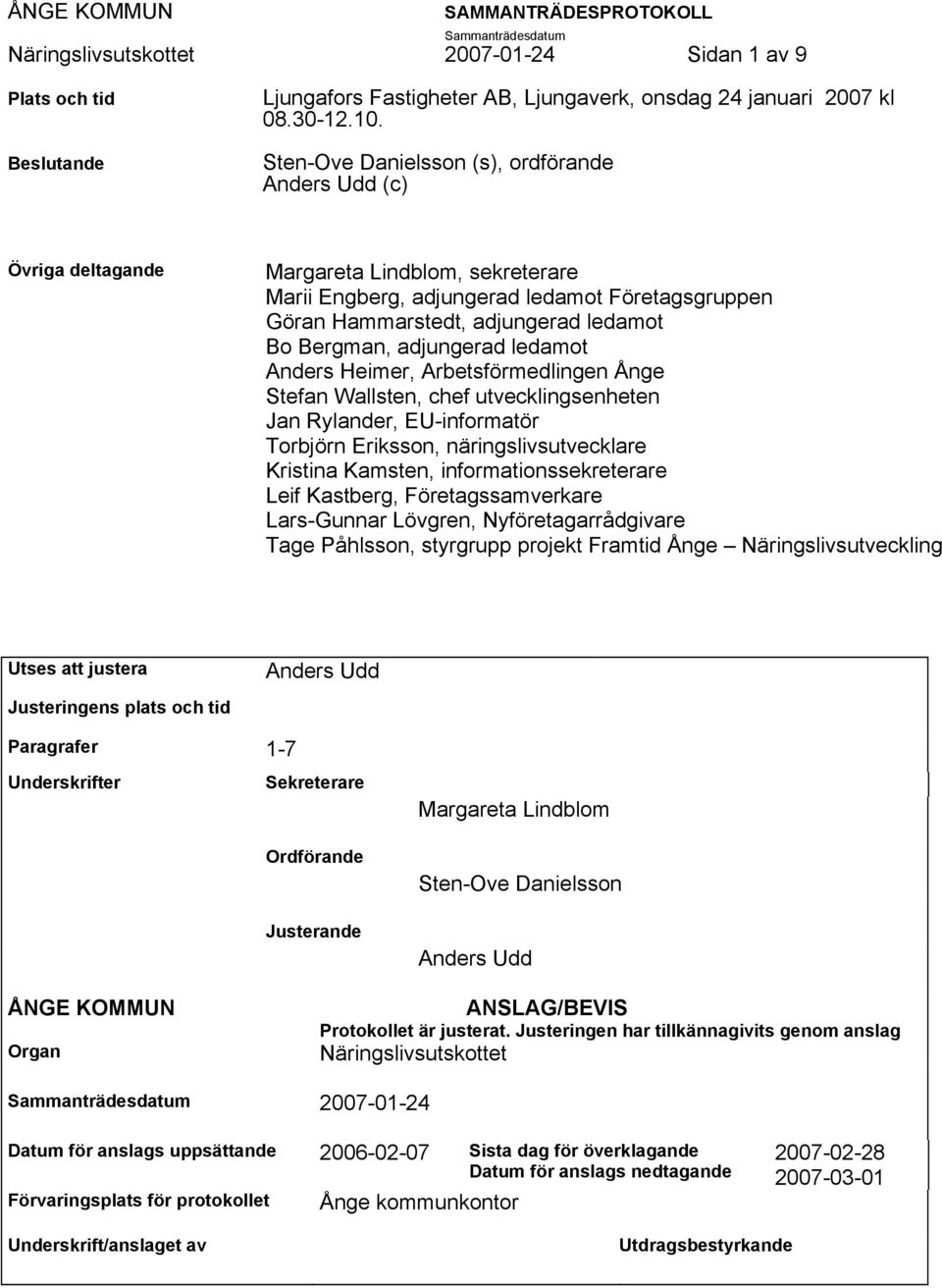 Bergman, adjungerad ledamot Anders Heimer, Arbetsförmedlingen Ånge Stefan Wallsten, chef utvecklingsenheten Jan Rylander, EU-informatör Torbjörn Eriksson, näringslivsutvecklare Kristina Kamsten,