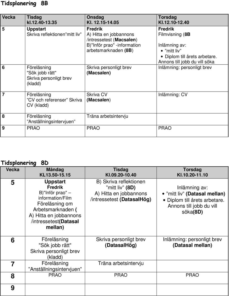 40 Filmvisning (8B mitt liv Annons till jobb du vill söka Inlämning: CV 8 Föreläsning 9 PRAO PRAO PRAO Tidsplanering 8D Vecka Måndag KL13.50-15.