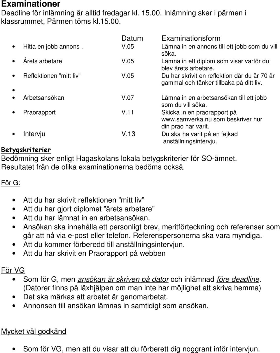 05 Du har skrivit en reflektion där du är 70 år gammal och tänker tillbaka på ditt liv. Arbetsansökan V.07 Lämna in en arbetsansökan till ett jobb som du vill söka. Praorapport V.