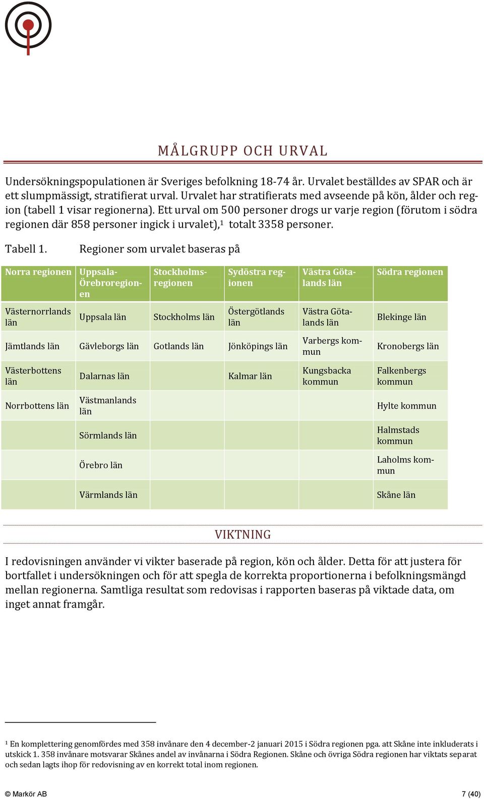 Ett urval om 500 personer drogs ur varje region (förutom i södra regionen där 858 personer ingick i urvalet), 1 totalt 3358 personer. Tabell 1.