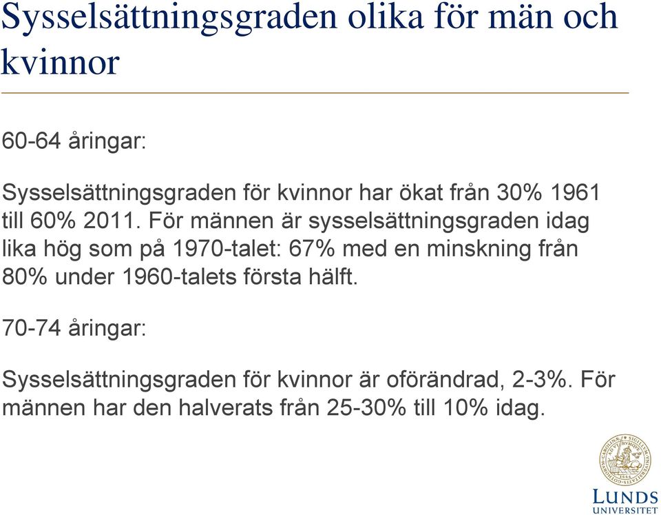 För männen är sysselsättningsgraden idag lika hög som på 1970-talet: 67% med en minskning från