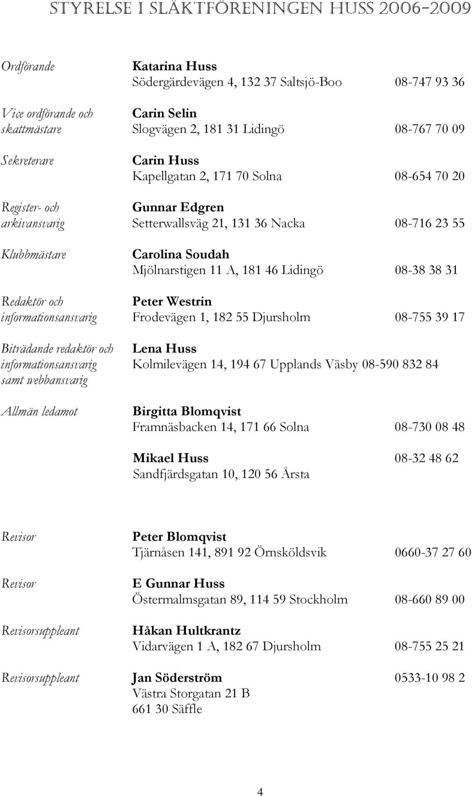 11 A, 181 46 Lidingö 08-38 38 31 Redaktör och Peter Westrin informationsansvarig Frodevägen 1, 182 55 Djursholm 08-755 39 17 Biträdande redaktör och Lena Huss informationsansvarig Kolmilevägen 14,