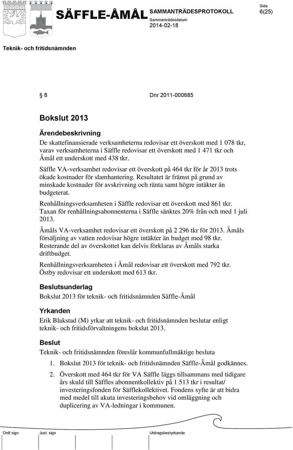 Resultatet är främst på grund av minskade kostnader för avskrivning och ränta samt högre intäkter än budgeterat. Renhållningsverksamheten i Säffle redovisar ett överskott med 861 tkr.