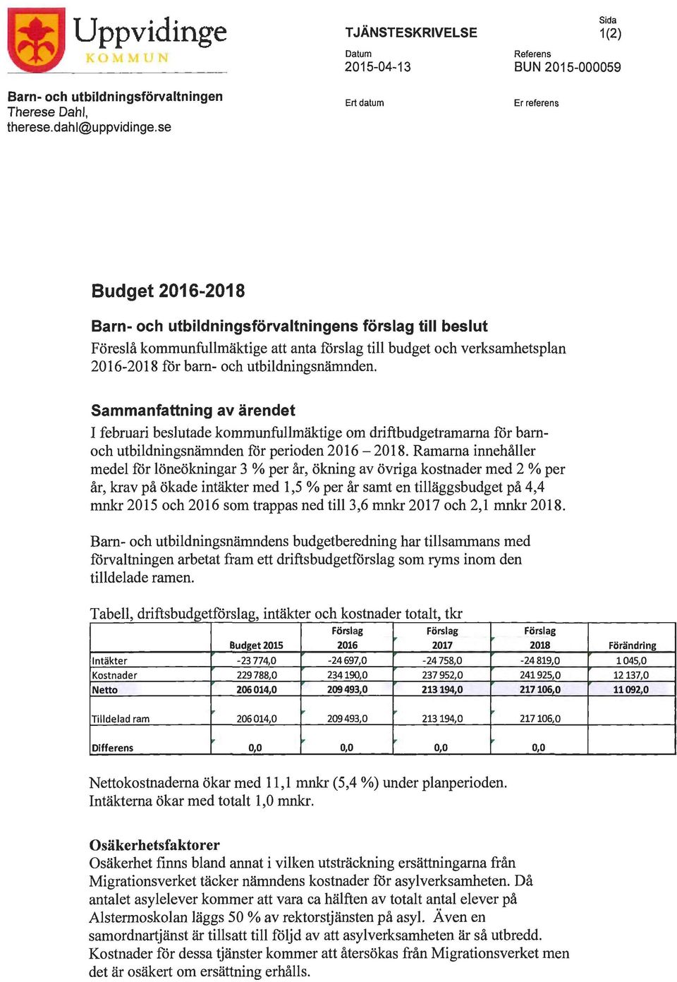 utbildningsnämnden. Sammanfattning av ärendet I februari beslutade kommunfullmäktige om driftbudgetramama för barnoch utbildningsnämnden för perioden 2016-2018.