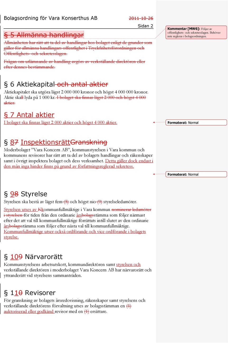 Behöver inte regleras i bolagsordningen. 6 Aktiekapital och antal aktier Aktiekapitalet ska utgöra lägst 2 000 000 kronor och högst 4 000 000 kronor. Aktie skall lyda på 1 000 kr.